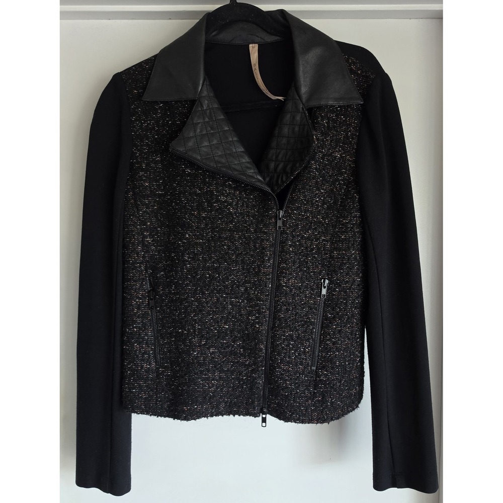 Bailey 44 Jacket Women M Black Solid Long Sleeve Collared Mixed Fabric Moto